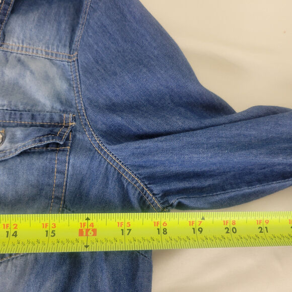 Cotton Express Shirt Womens Large Petite Blue Top Chambray Roll Tab‎ Button Up - Picture 4 of 15